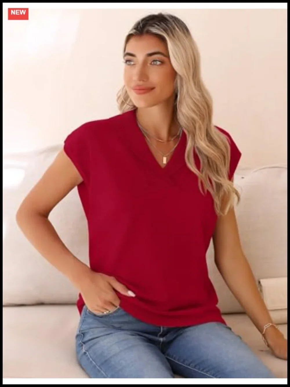Women's V-Neck Sweater Vest Pullover Short Cap Sleeve Knit Tank Top Dressy